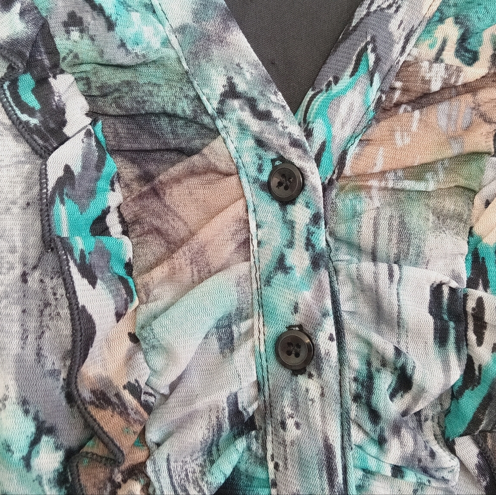 Elementz Cute Turquoise Blouse Ruffle Flowy Button Down Cap Sleeves Western Boho - Picture 5 of 11